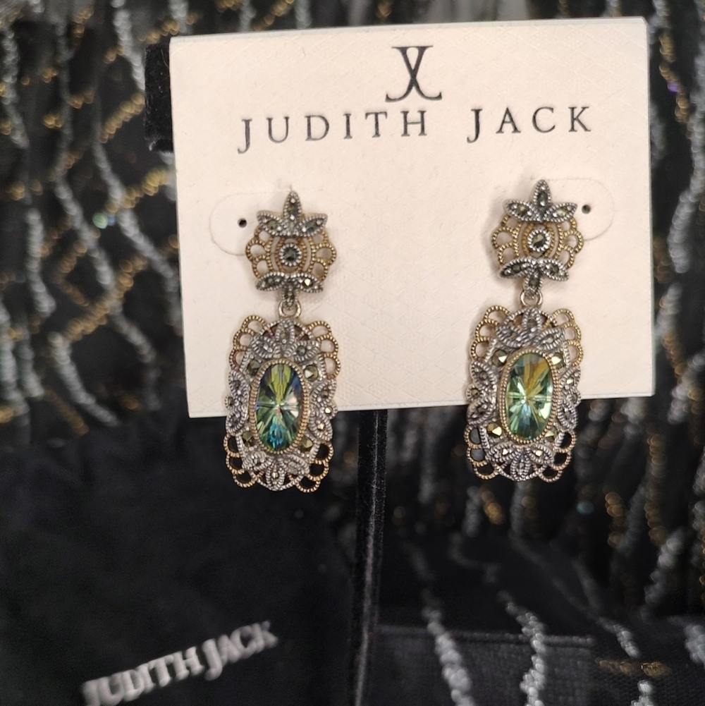 Judith Jack Sterling Silver Marcasite Earrings Dangle Green Stone!